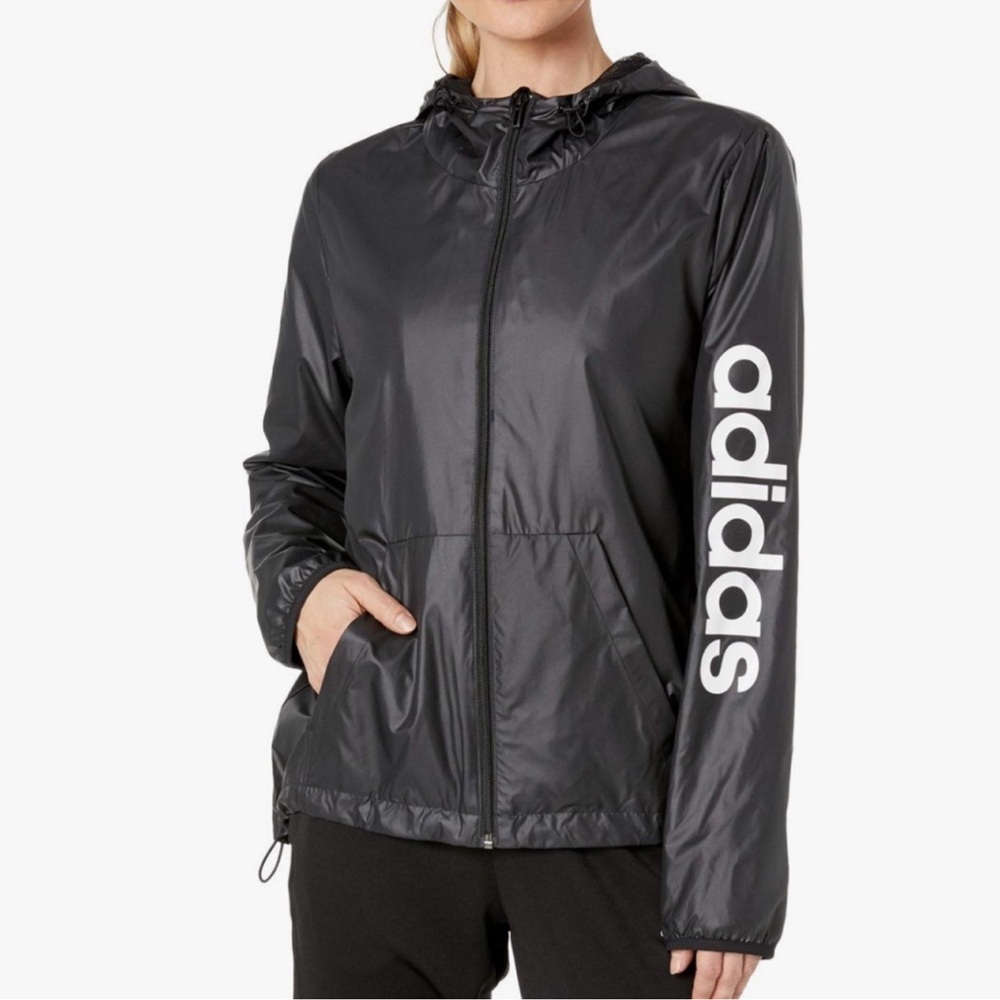 adidas Women's Essentials Linear Windbreaker in Black Size Medium